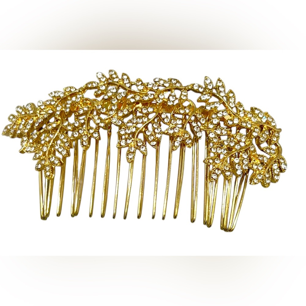 Gold Leaf Design Hair Comb With Crystals